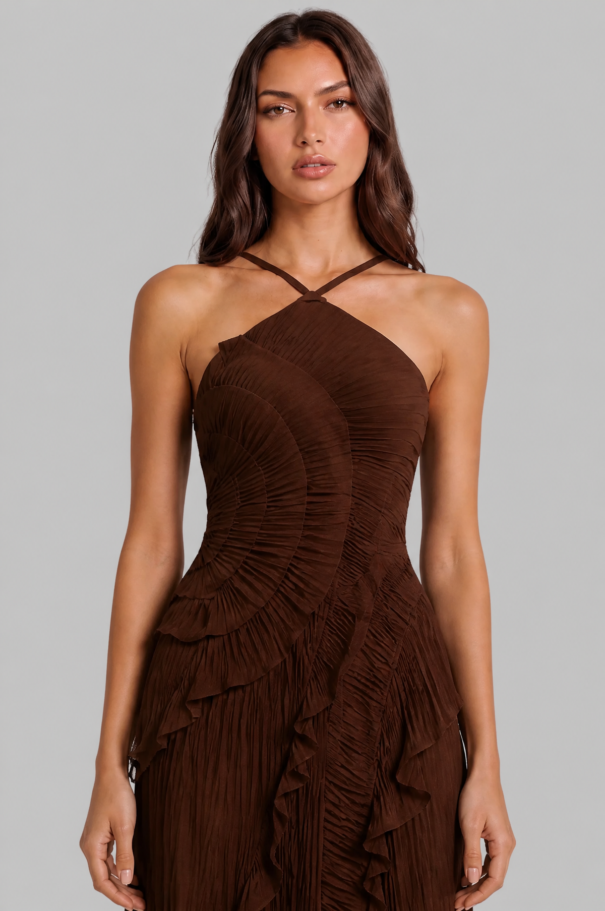 Pleated Ruffle Halter Neck Dress with High Low Hem Audrey Calvero