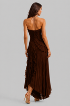 Pleated Ruffle Halter Neck Dress with High Low Hem Audrey Calvero