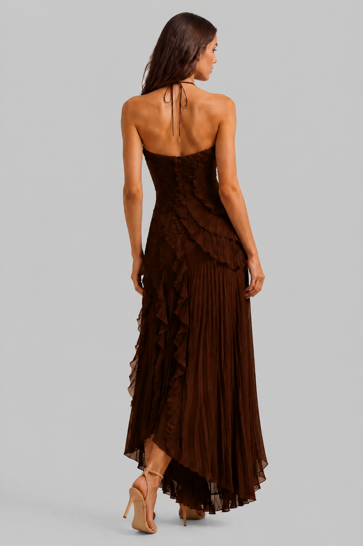 Pleated Ruffle Halter Neck Dress with High Low Hem Audrey Calvero