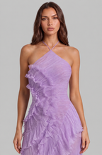 Pleated Ruffle Halter Neck Dress with High Low Hem Audrey Calvero