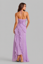 Pleated Ruffle Halter Neck Dress with High Low Hem Audrey Calvero