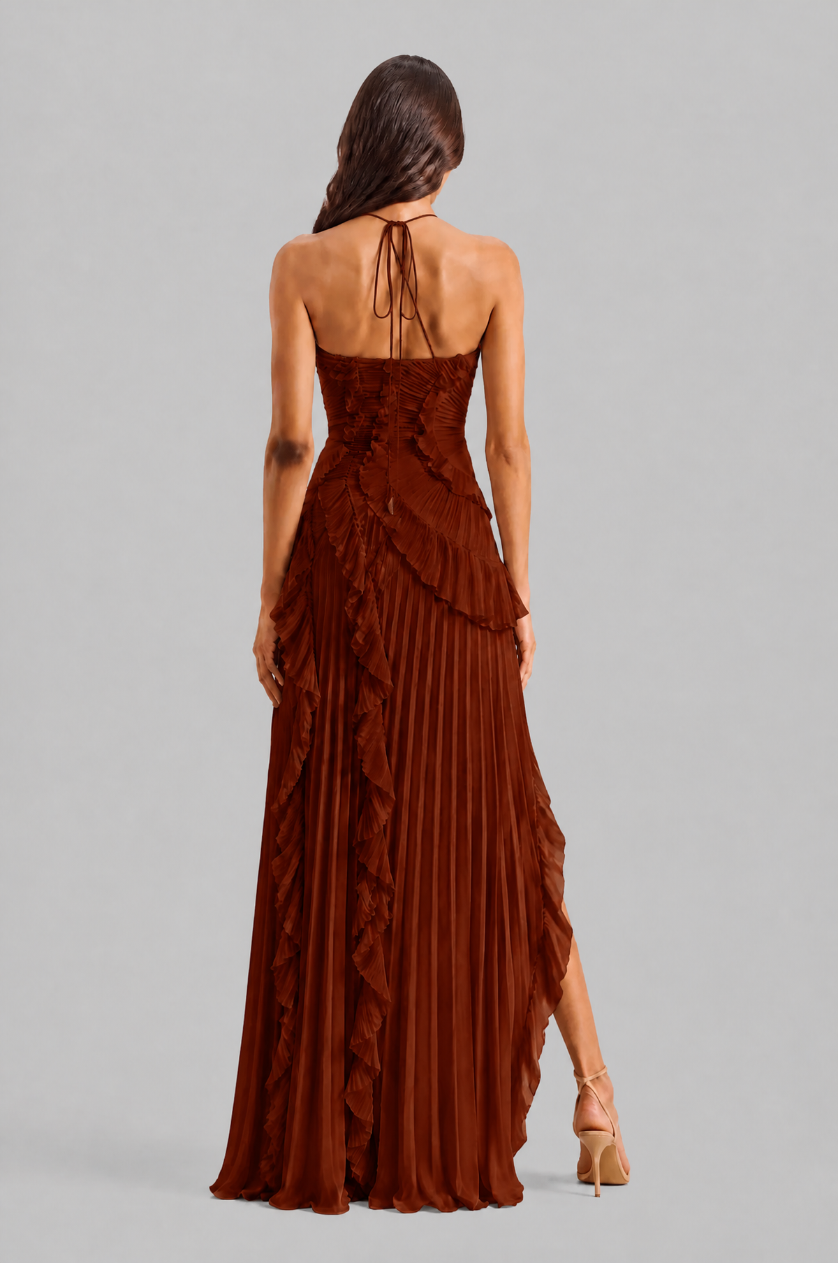 Pleated Ruffle Halter Neck Dress with High Low Hem Audrey Calvero