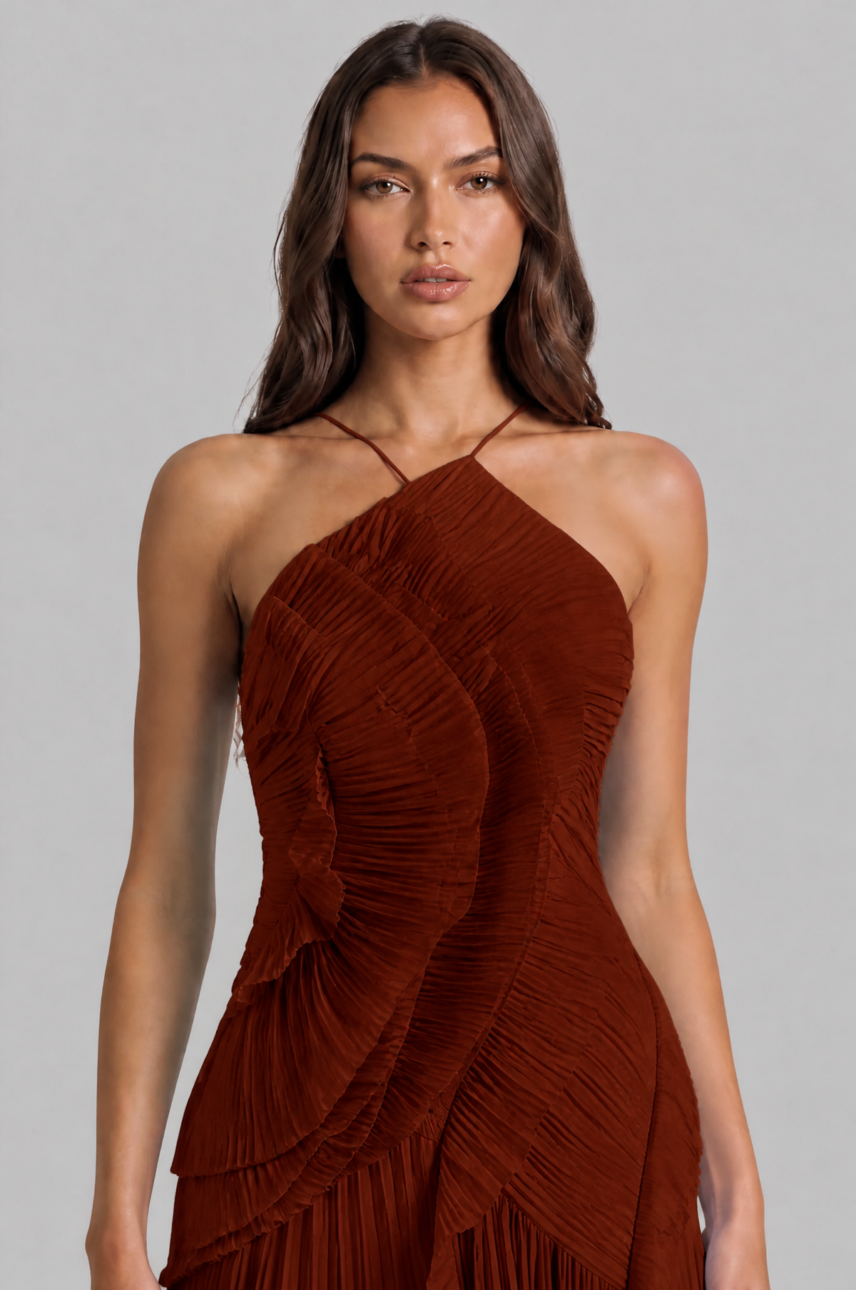 Pleated Ruffle Halter Neck Dress with High Low Hem Audrey Calvero
