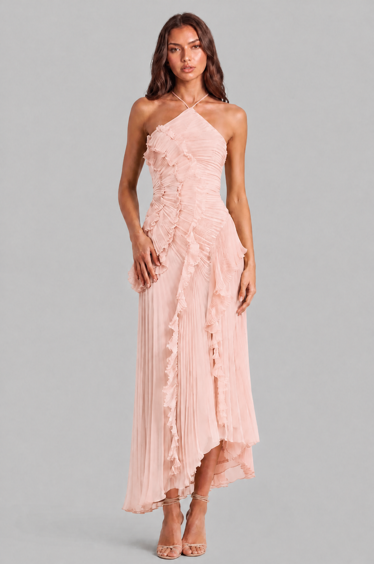 Pleated Ruffle Halter Neck Dress with High Low Hem Audrey Calvero