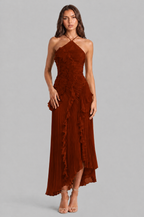 Pleated Ruffle Halter Neck Dress with High Low Hem Audrey Calvero