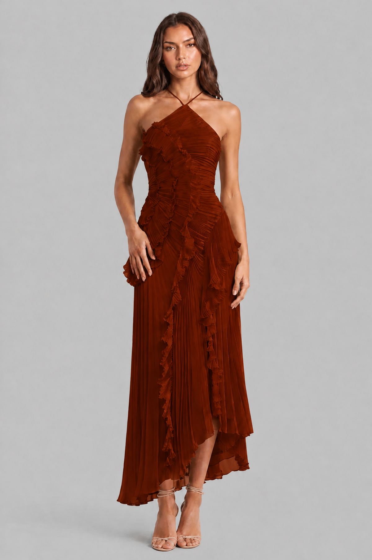 Pleated Ruffle Halter Neck Dress with High Low Hem Audrey Calvero