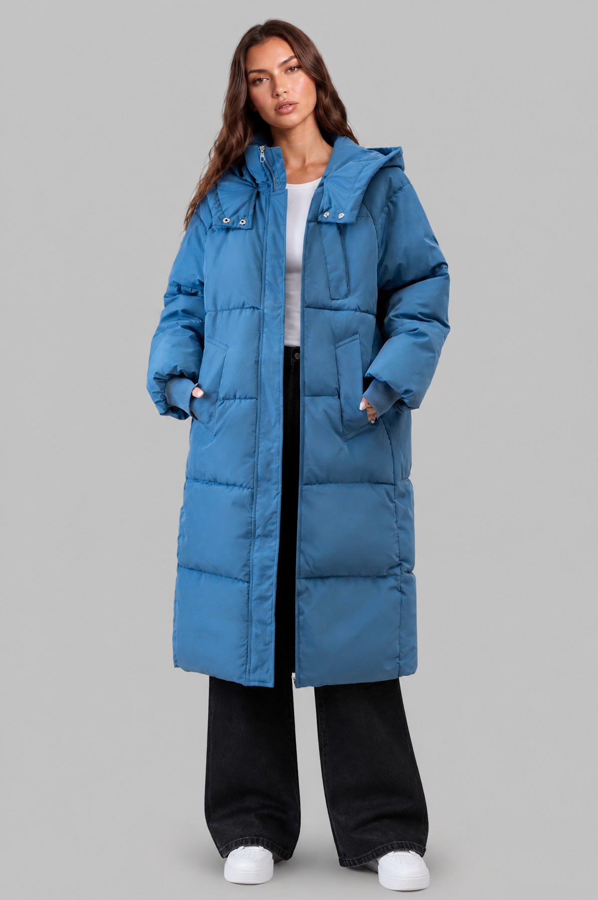 Long Hooded Puffer Coat with Pockets Audrey Calvero