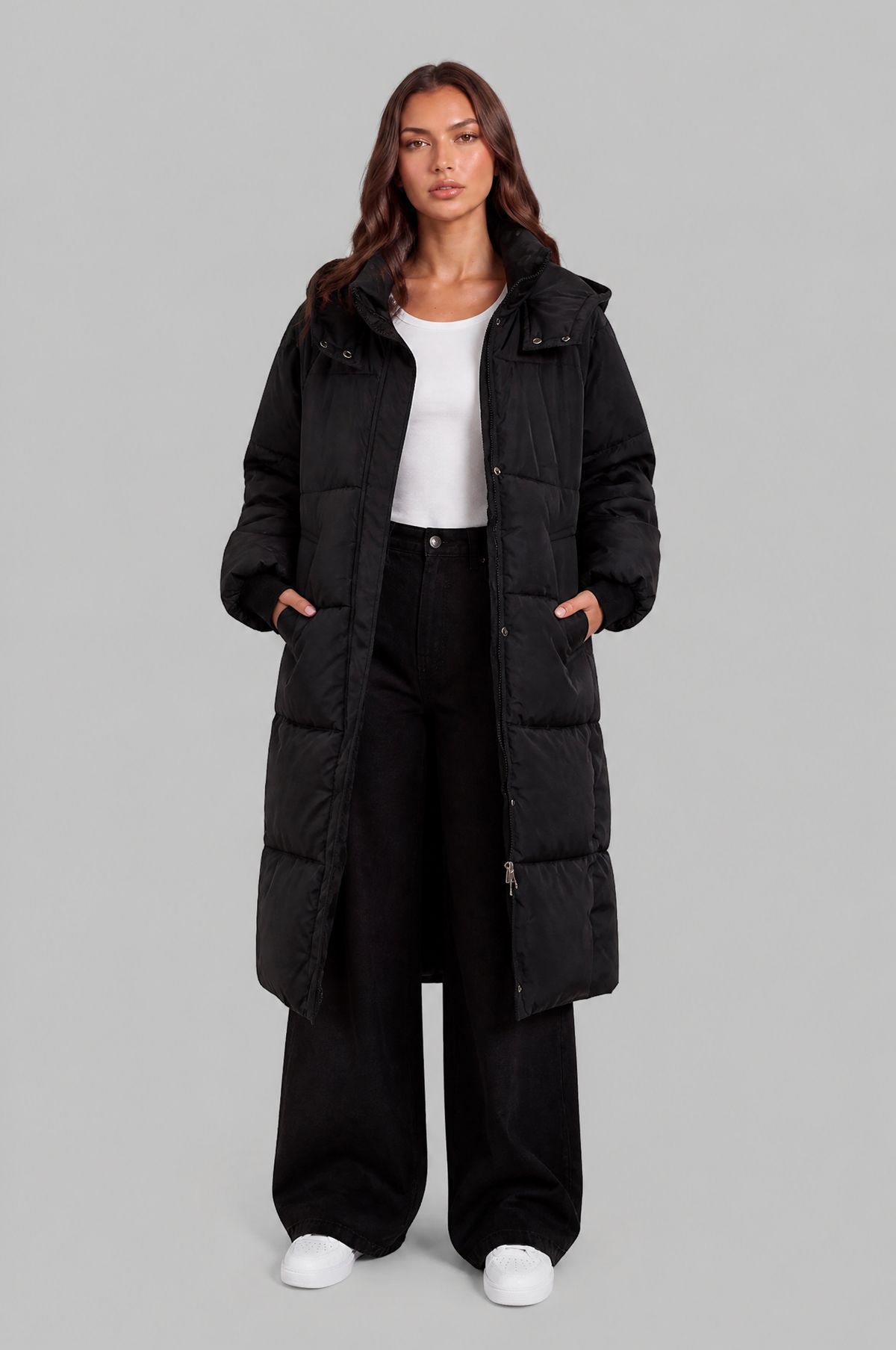 Long Hooded Puffer Coat with Pockets Audrey Calvero