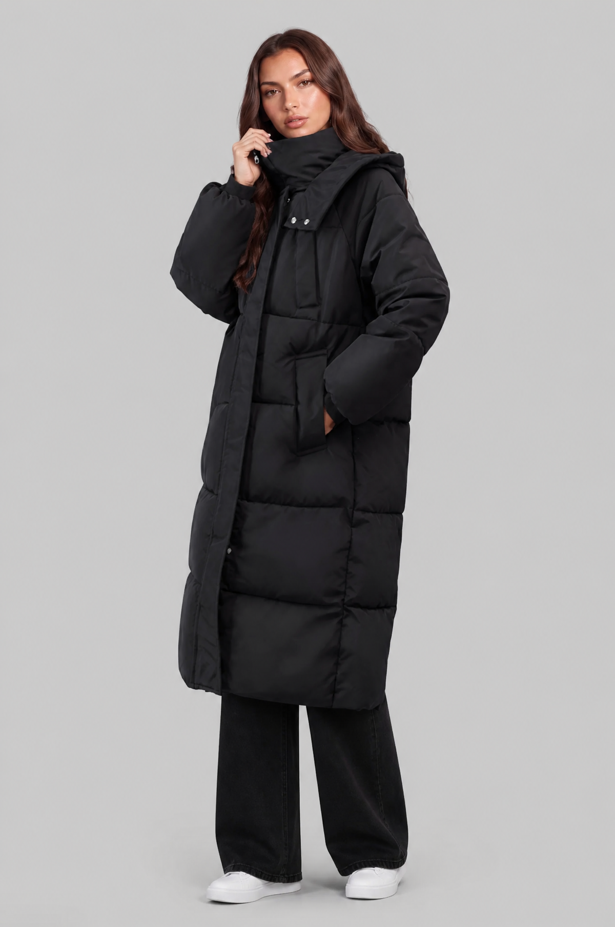 Long Hooded Puffer Coat with Pockets Audrey Calvero