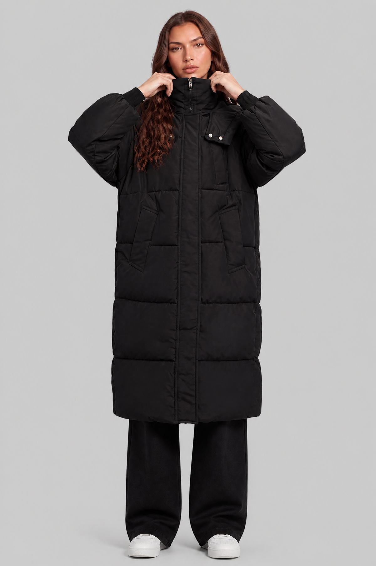 Long Hooded Puffer Coat with Pockets Audrey Calvero