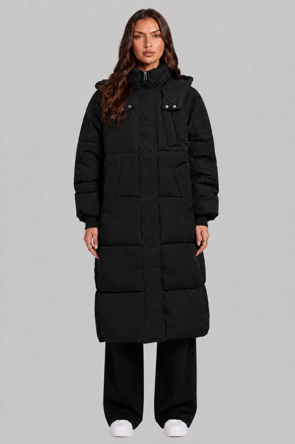 Long Hooded Puffer Coat with Pockets Audrey Calvero