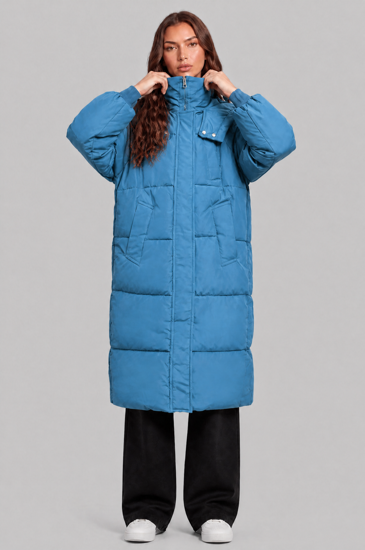 Long Hooded Puffer Coat with Pockets Audrey Calvero