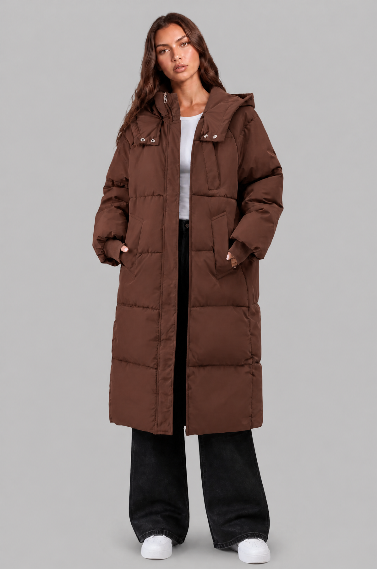 Long Hooded Puffer Coat with Pockets Audrey Calvero