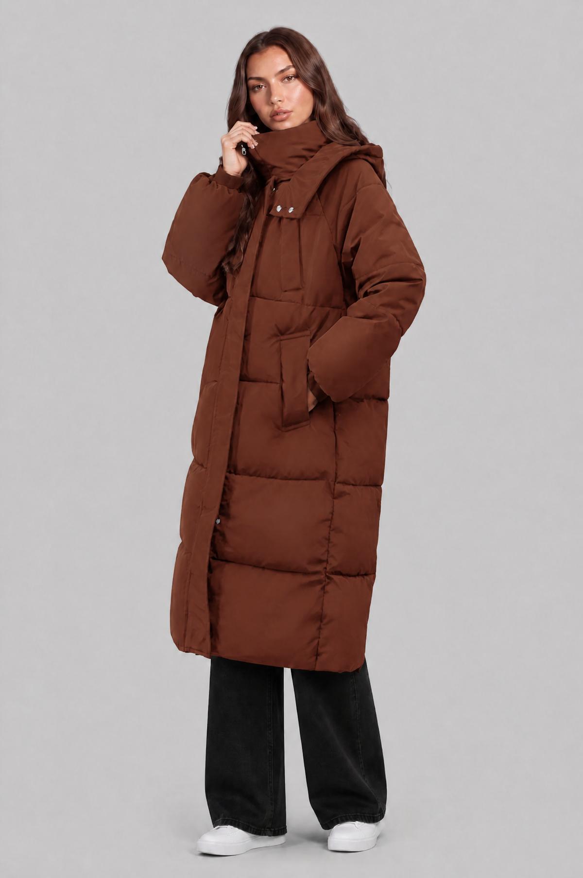 Long Hooded Puffer Coat with Pockets Audrey Calvero