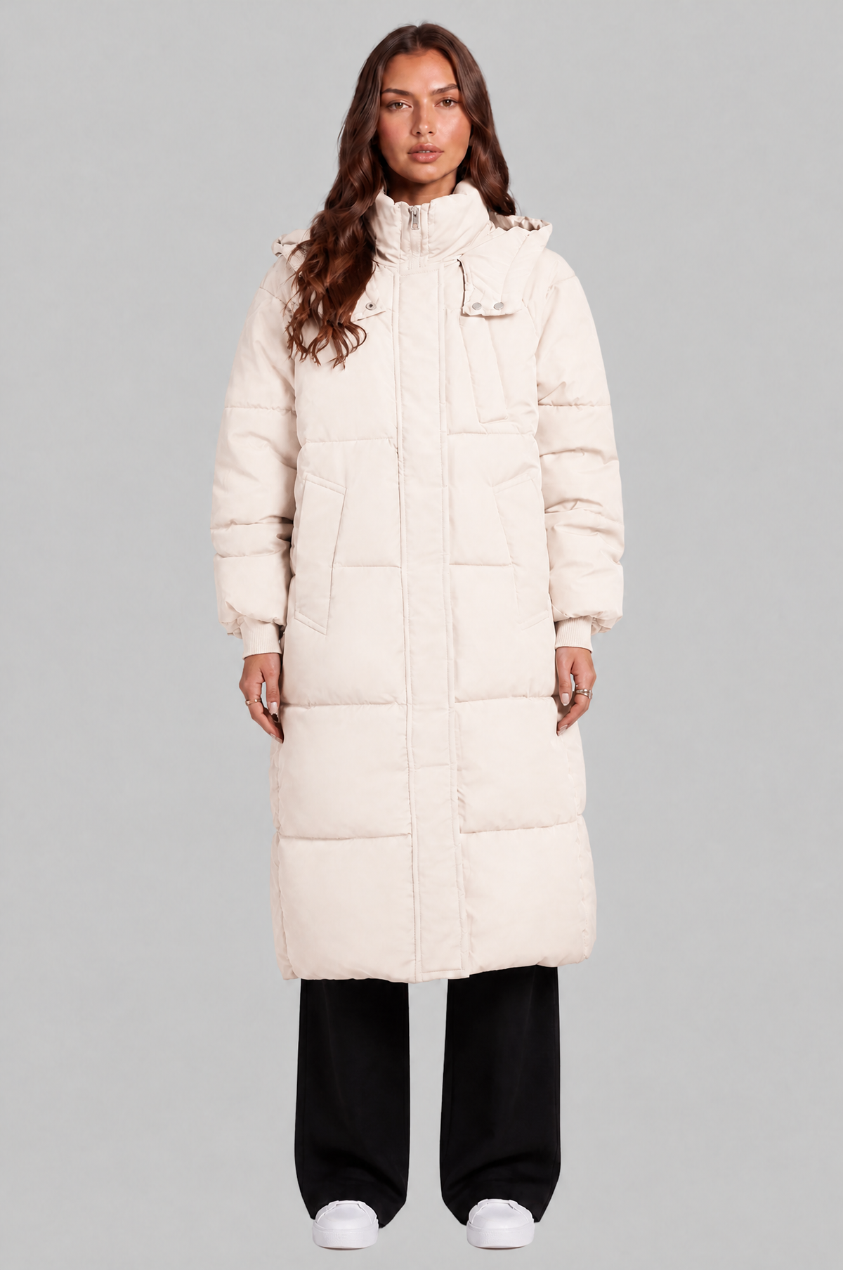 Long Hooded Puffer Coat with Pockets Audrey Calvero
