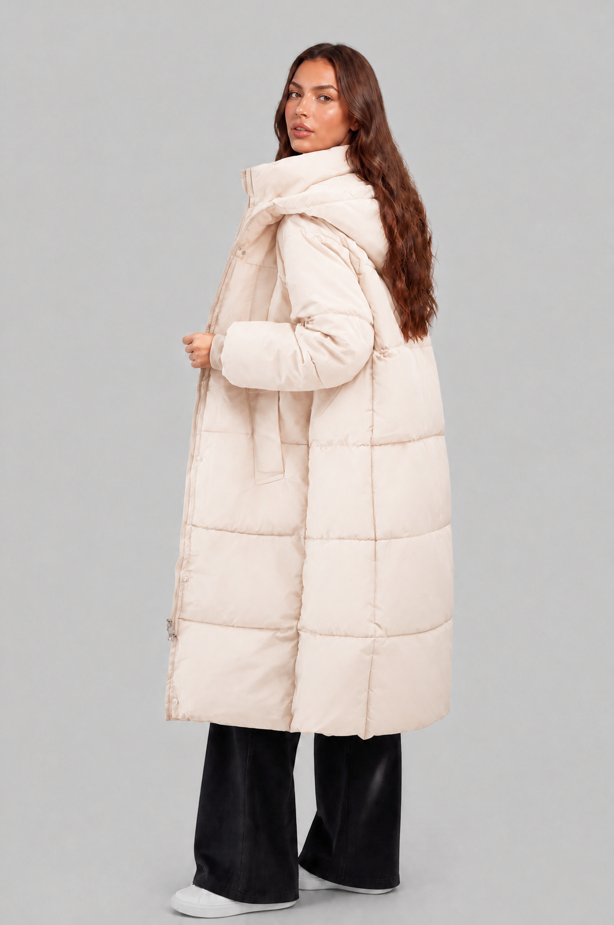Long Hooded Puffer Coat with Pockets Audrey Calvero