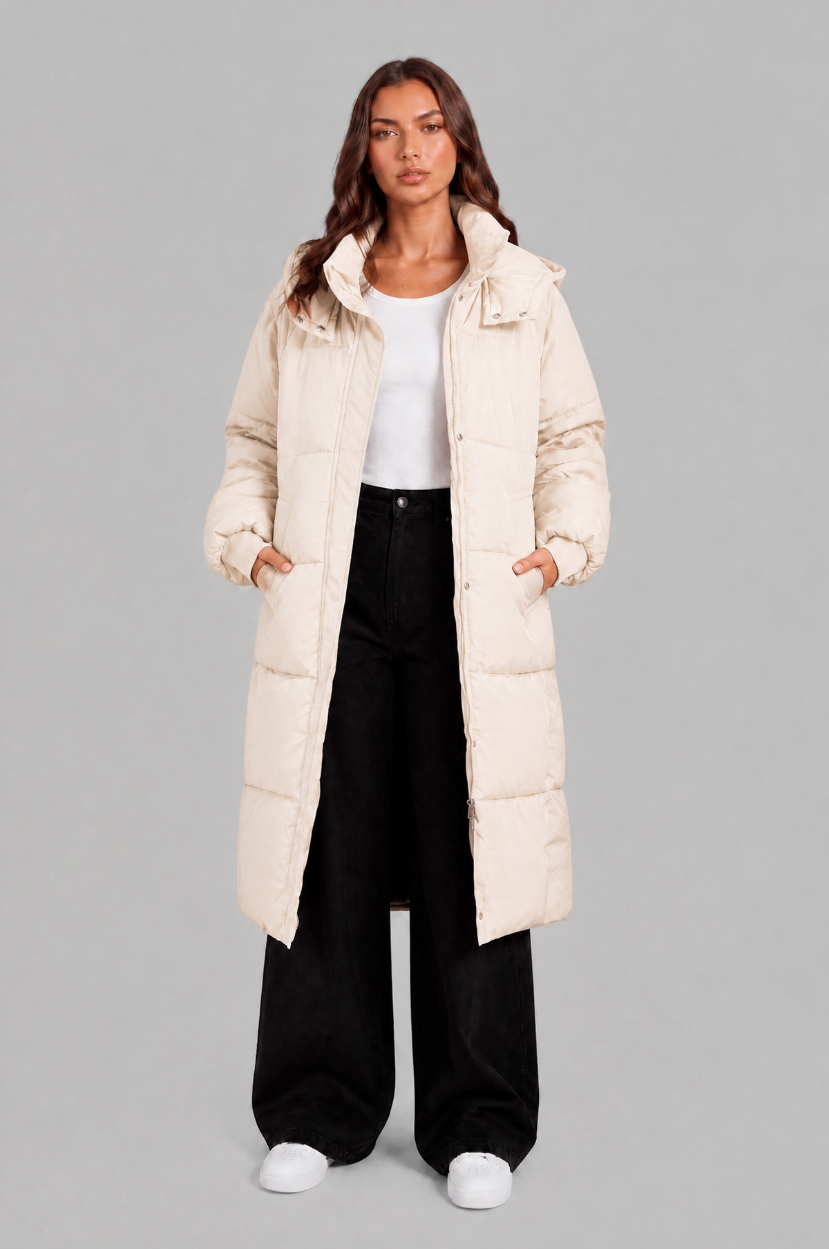 Long Hooded Puffer Coat with Pockets Audrey Calvero