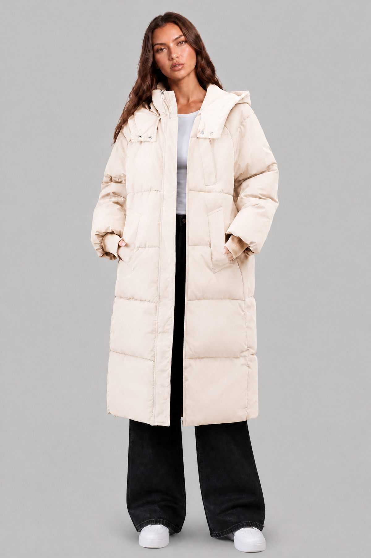 Long Hooded Puffer Coat with Pockets Audrey Calvero