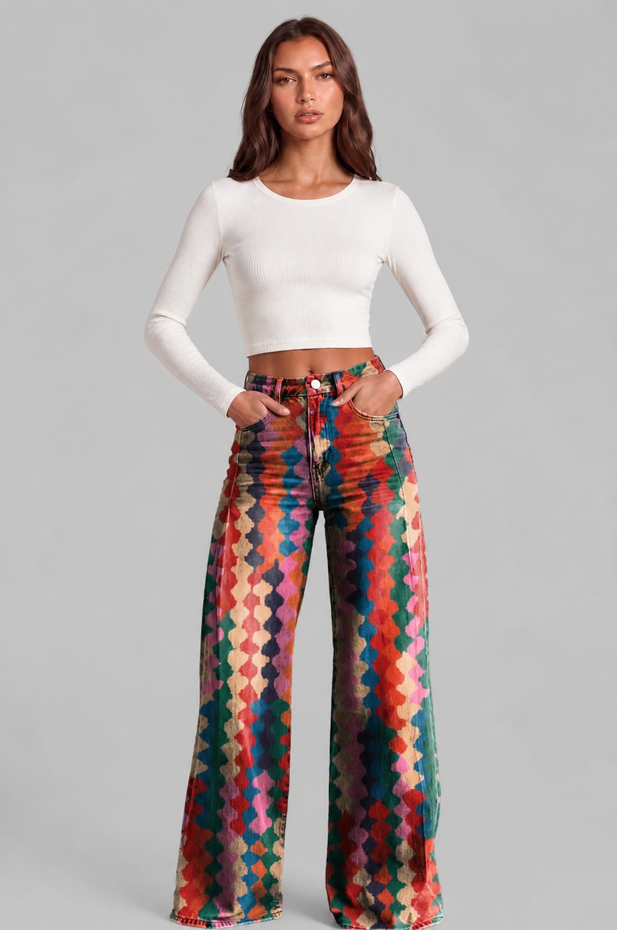 High Waisted Wide Leg Jeans with Geometric Print Audrey Calvero