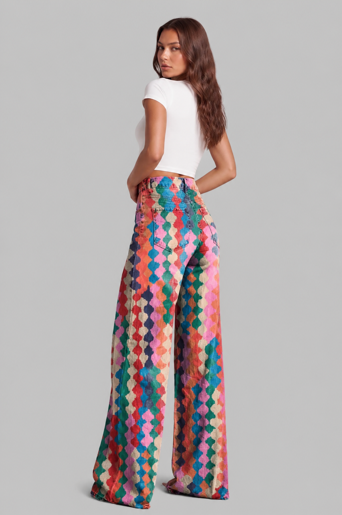 High Waisted Wide Leg Jeans with Geometric Print Audrey Calvero