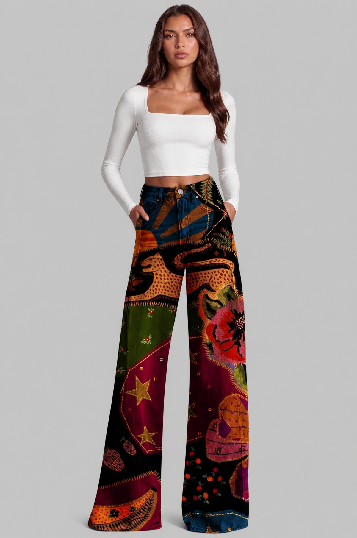High Waisted Wide Leg Jeans with Patchwork Print Audrey Calvero