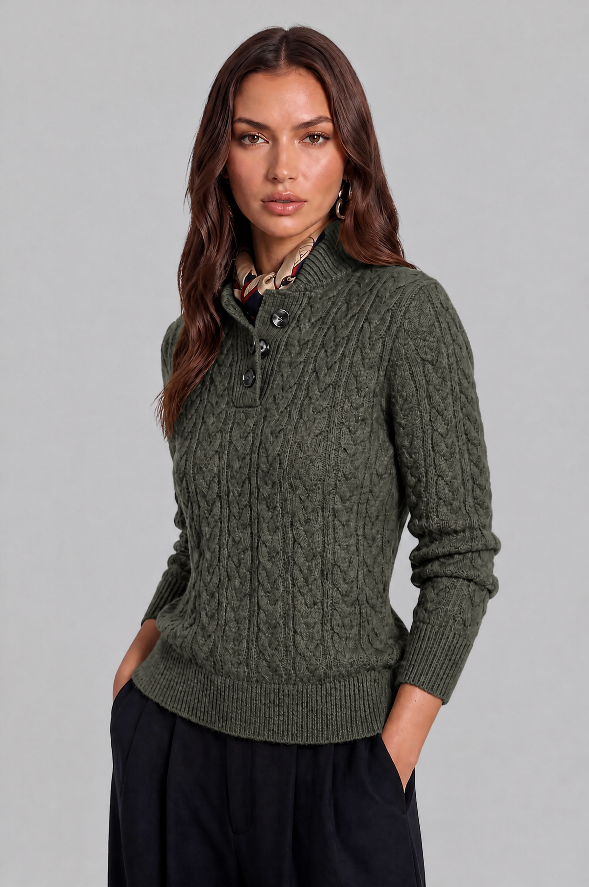 Cable Knit Jumper with Button Neck Audrey Calvero