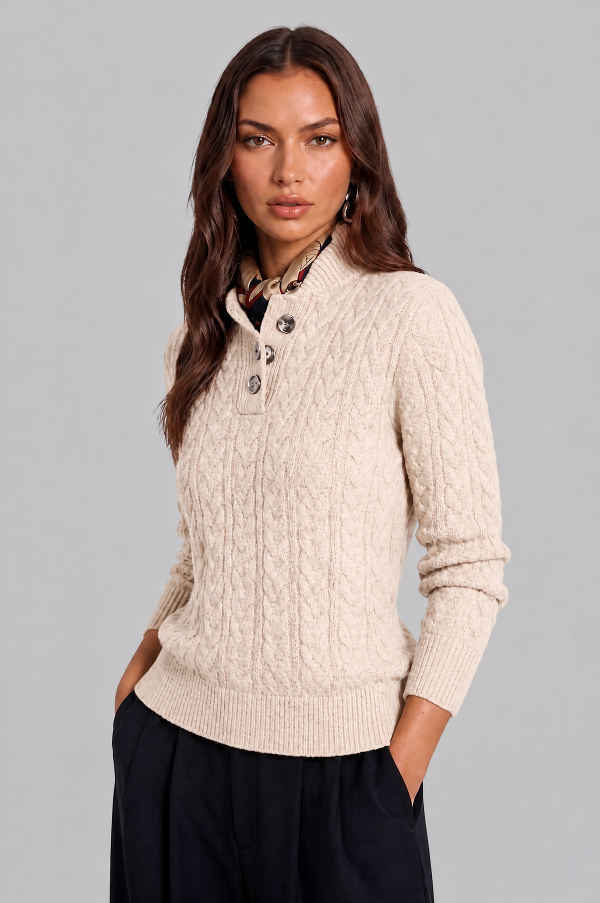 Cable Knit Jumper with Button Neck Audrey Calvero