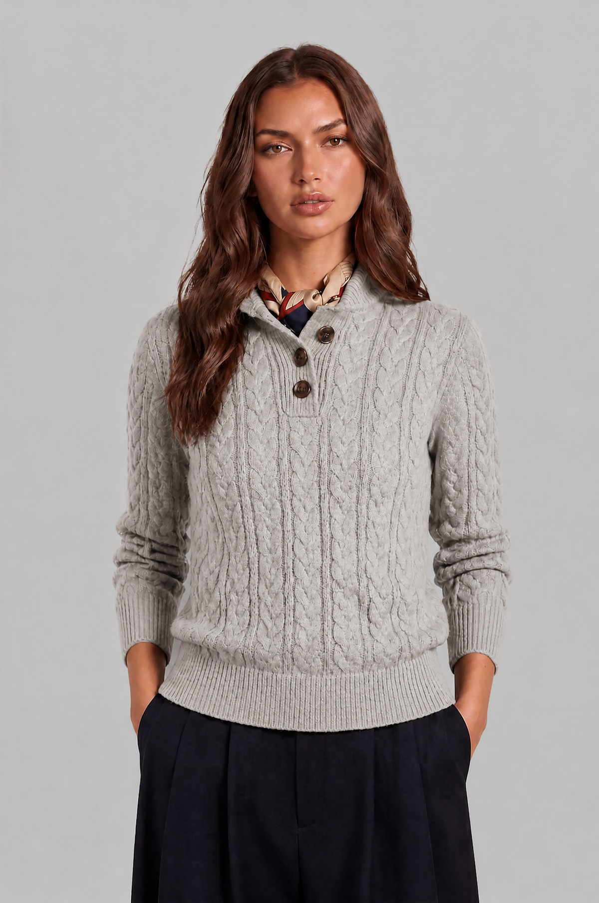 Cable Knit Jumper with Button Neck Audrey Calvero