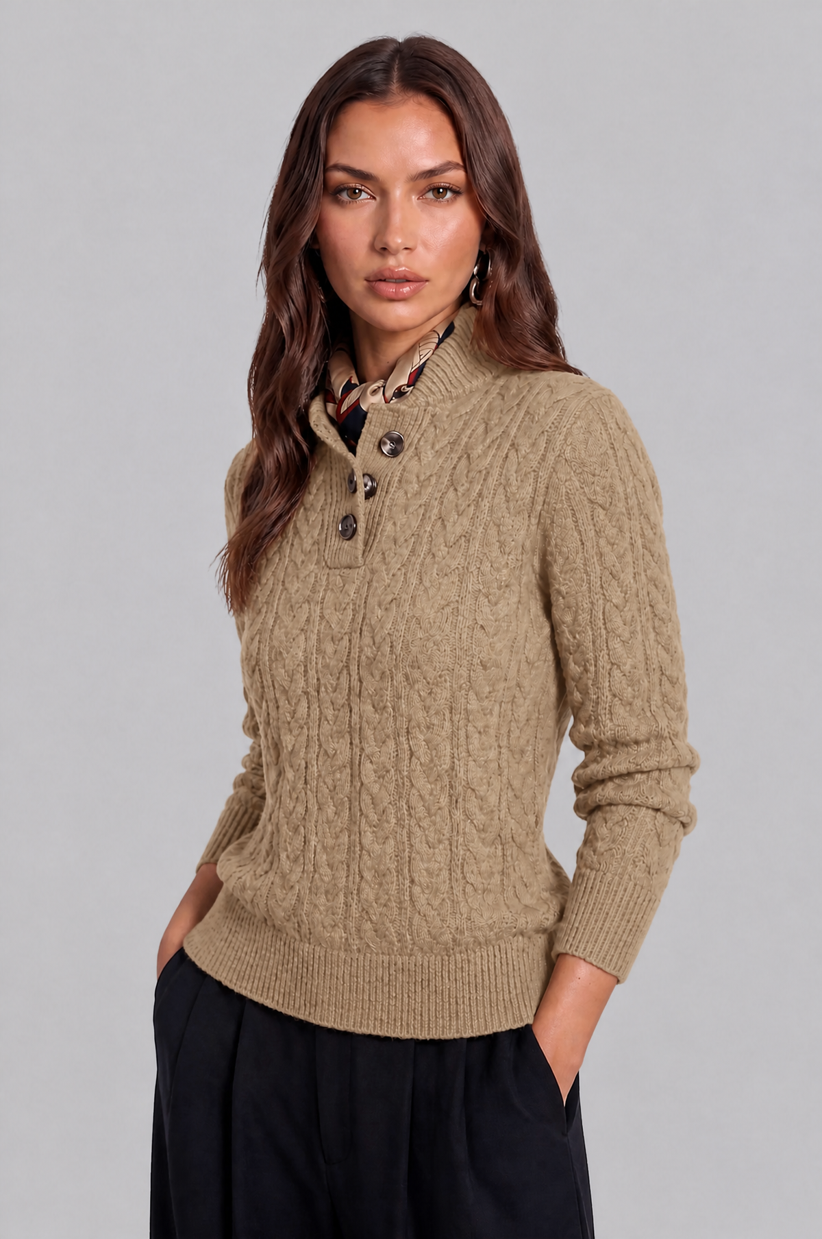 Cable Knit Jumper with Button Neck Audrey Calvero