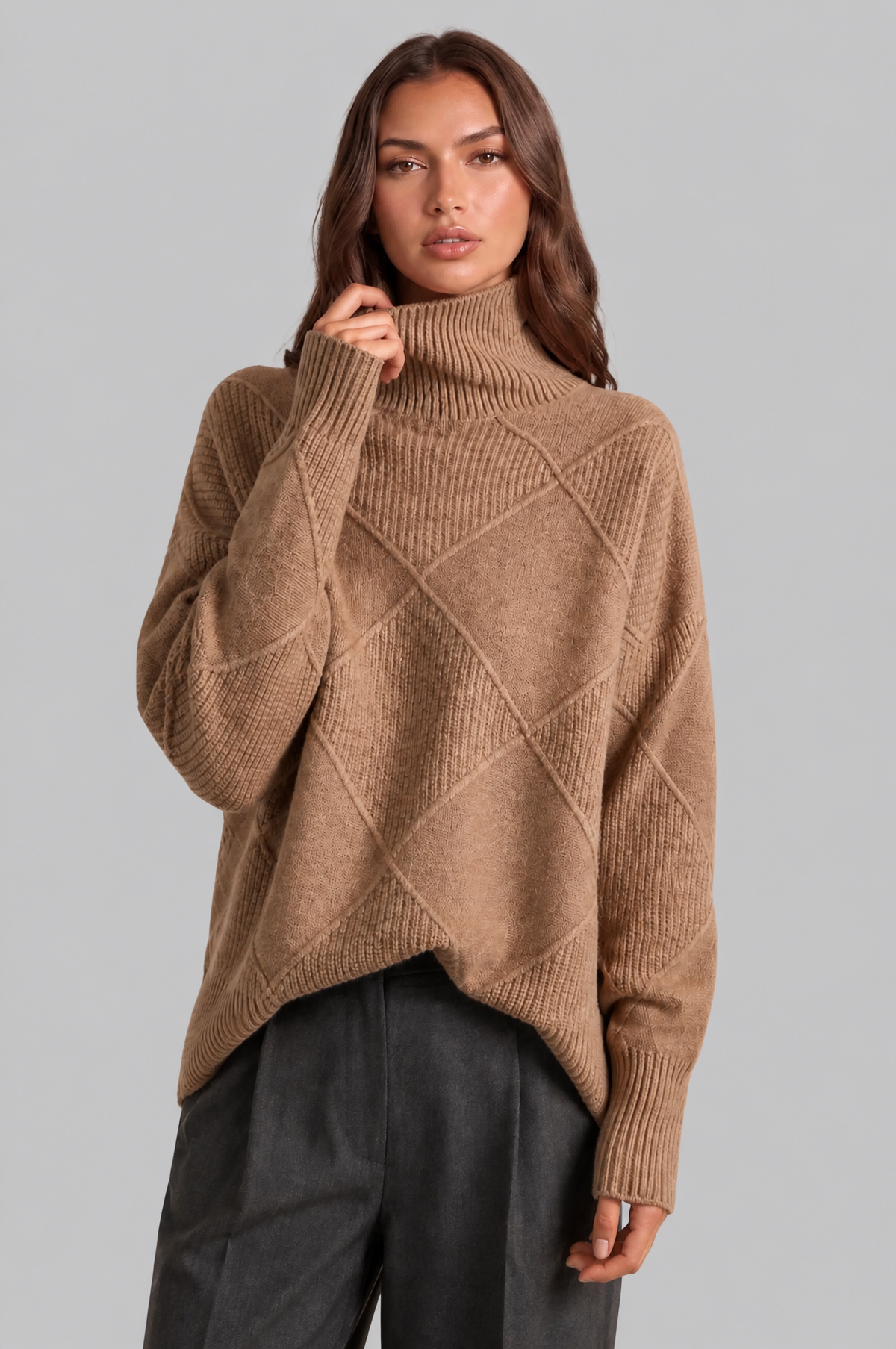 Oversized Roll Neck Jumper with Diamond Knit Audrey Calvero