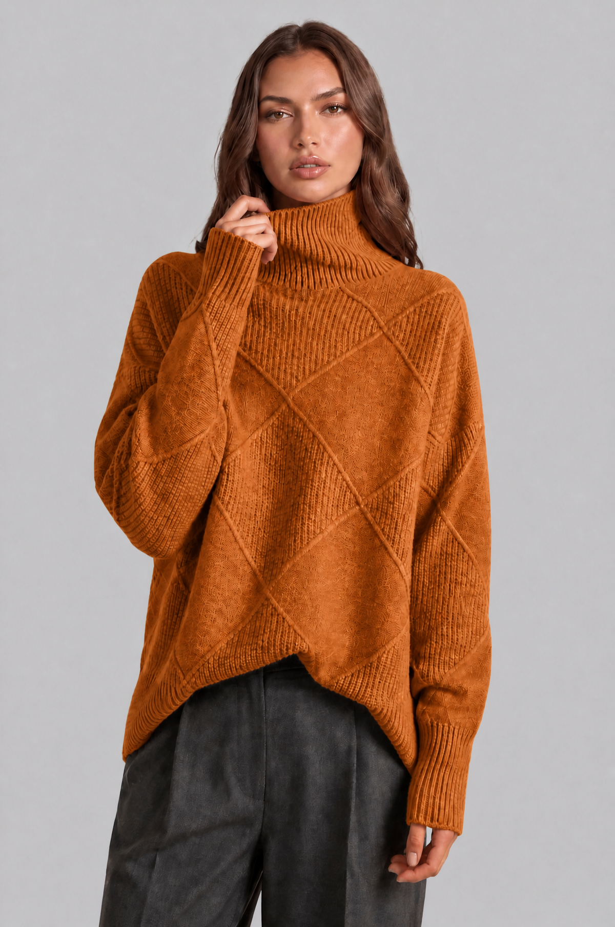 Oversized Roll Neck Jumper with Diamond Knit Audrey Calvero