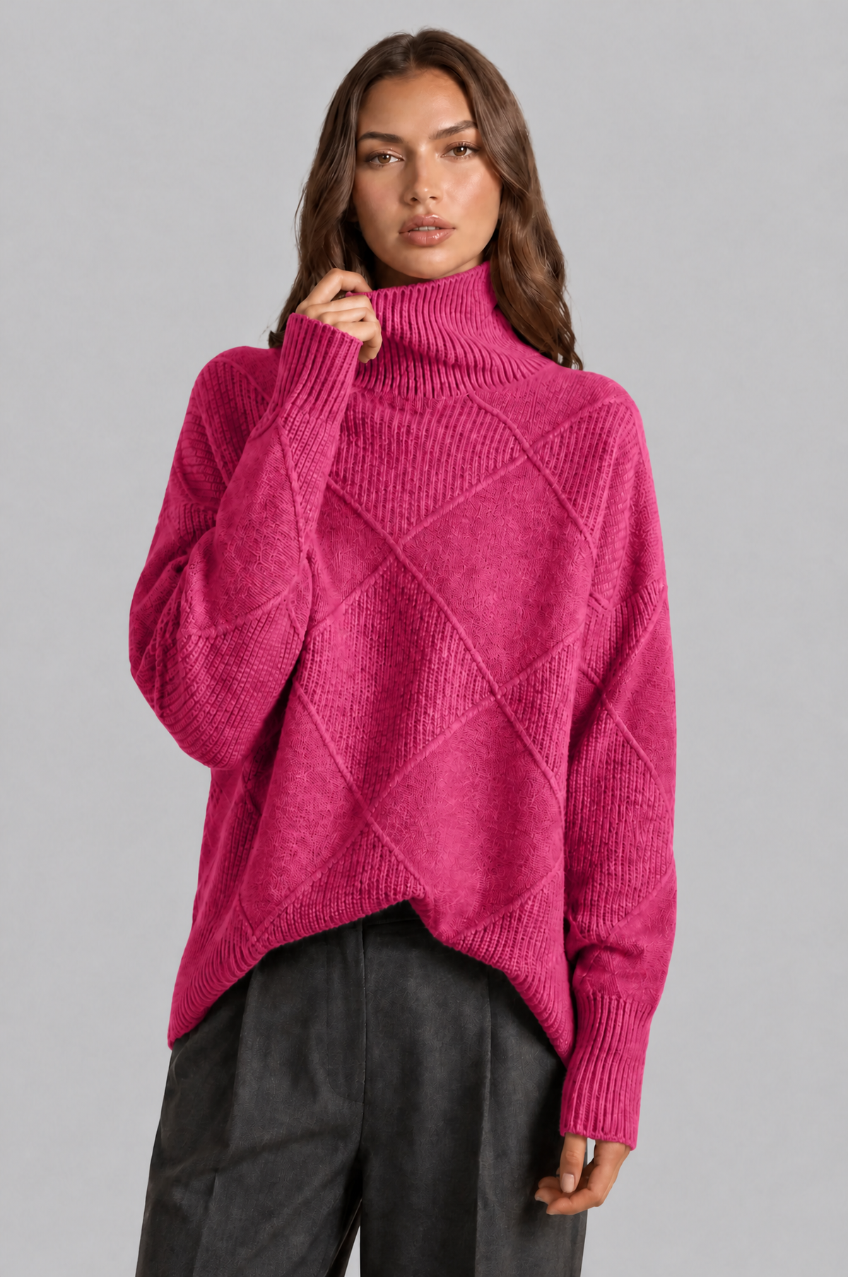 Oversized Roll Neck Jumper with Diamond Knit Audrey Calvero