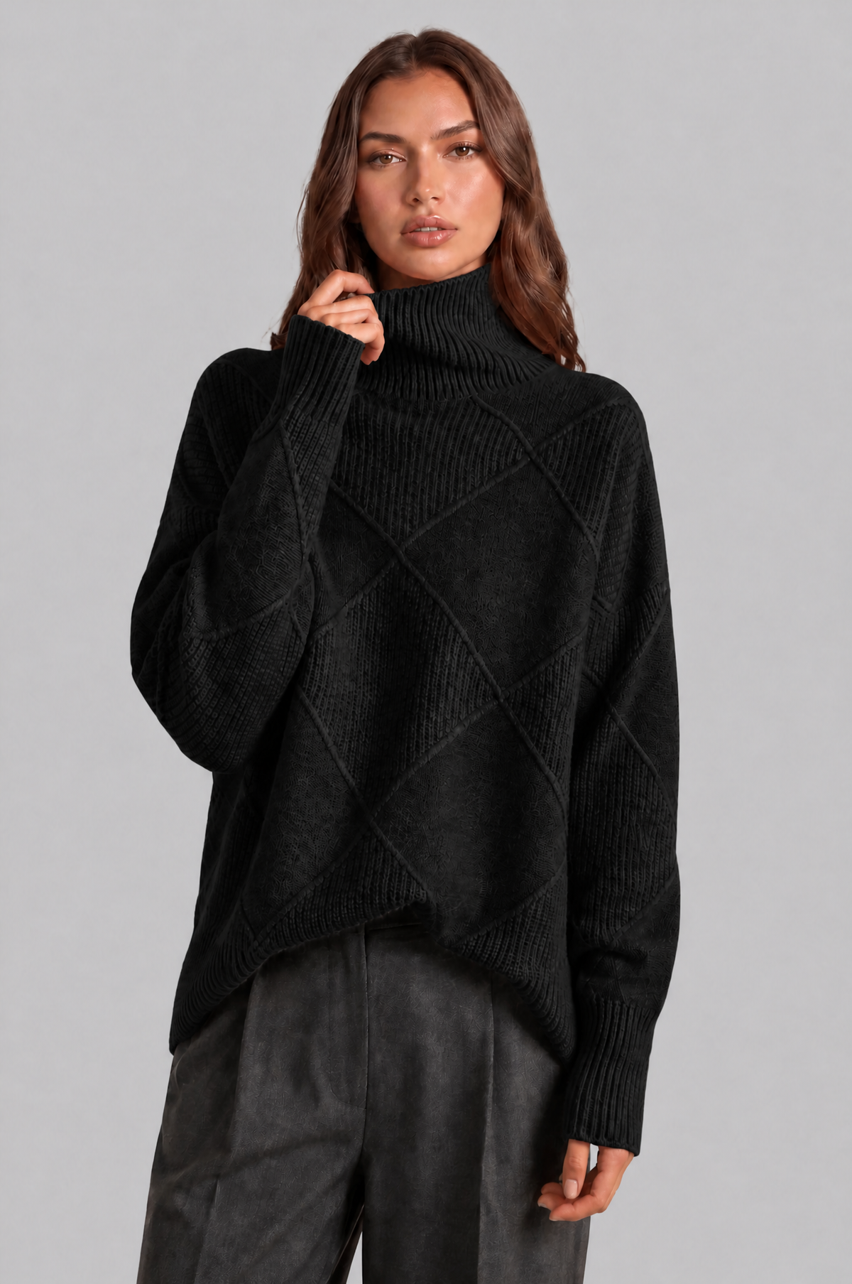 Oversized Roll Neck Jumper with Diamond Knit Audrey Calvero