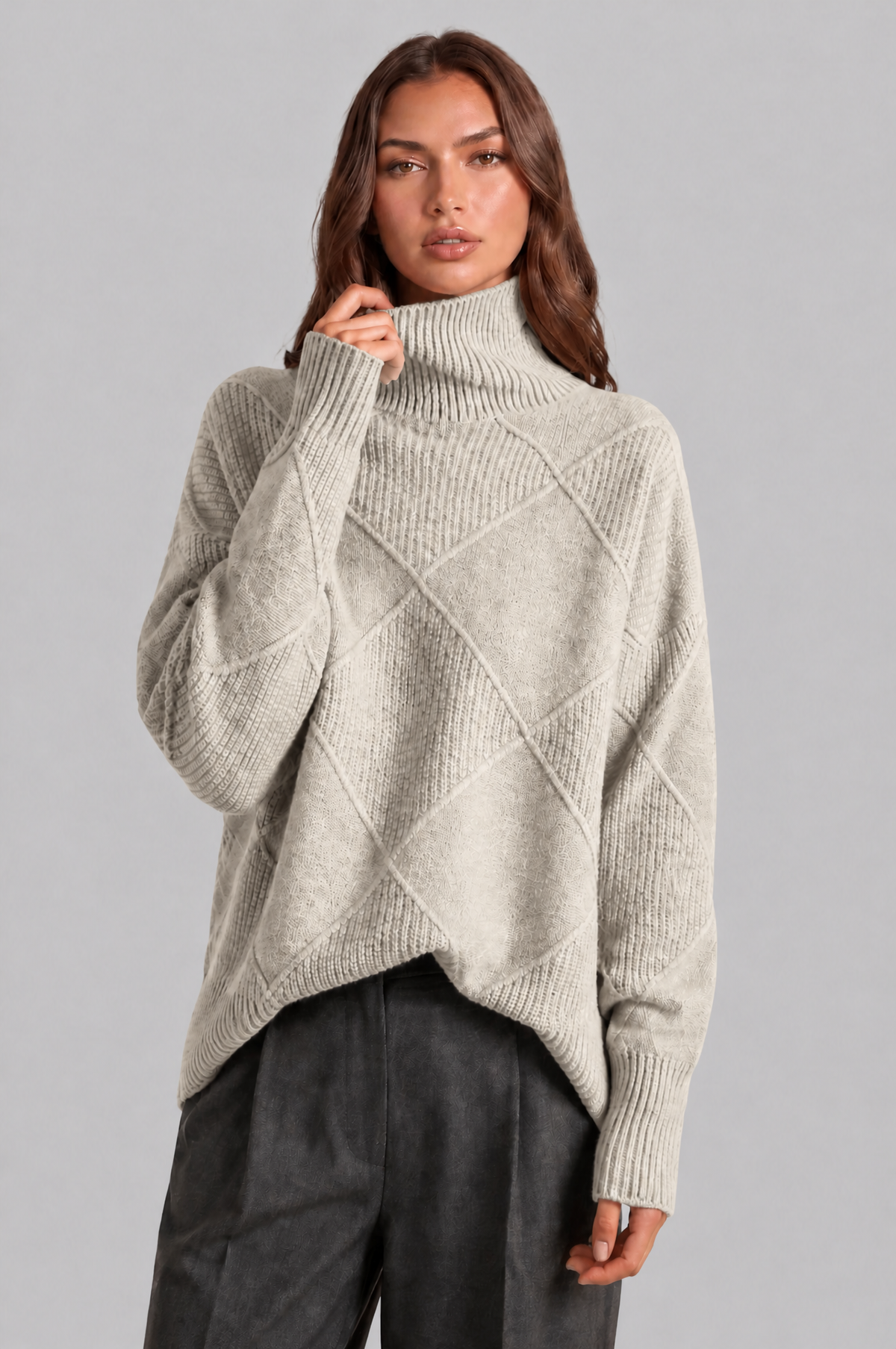 Oversized Roll Neck Jumper with Diamond Knit Audrey Calvero